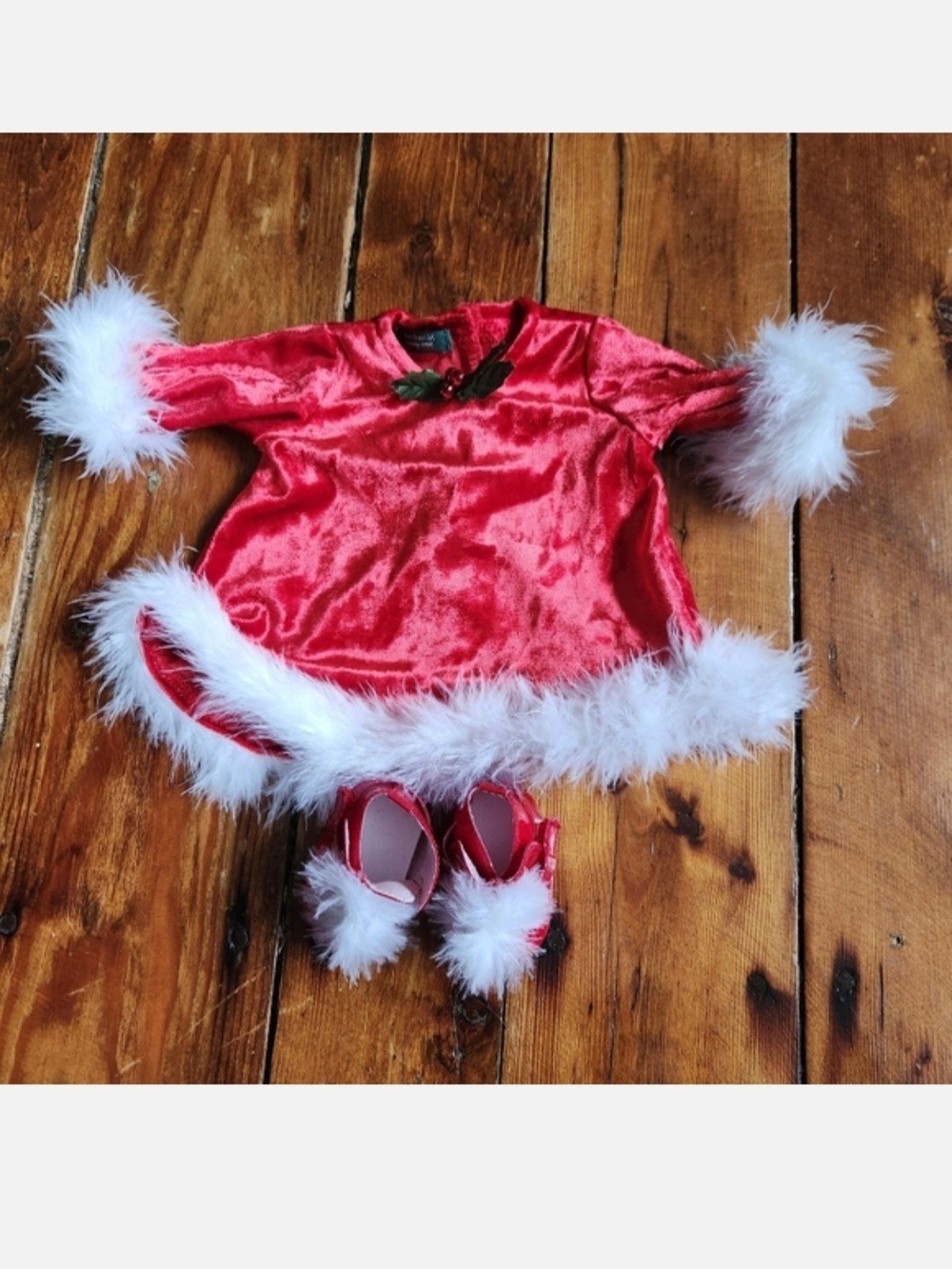 Vtg American Girl 2000 Bitty Baby Santa's Helper Christmas Dress and Shoes Red
